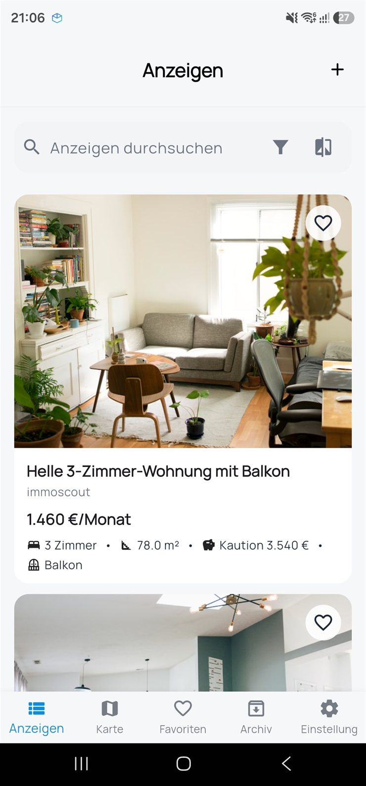 Flatlyst App: Anzeigenliste mit gespeicherten Wohnungen. Die abgebildeten Wohnungsfotos wurden mit KI erstellt.